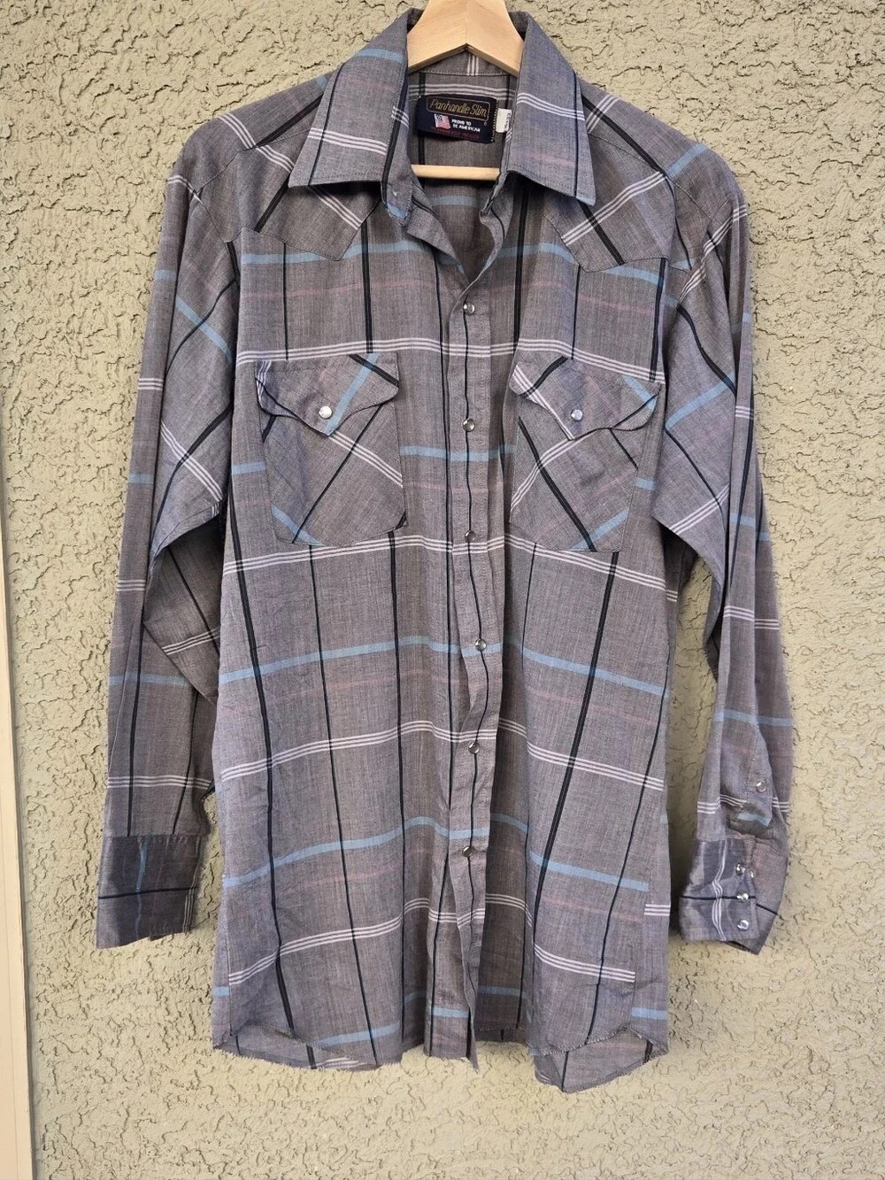Panhandle Slim Gray Plaid Button-Down Shirt with Blue Accents